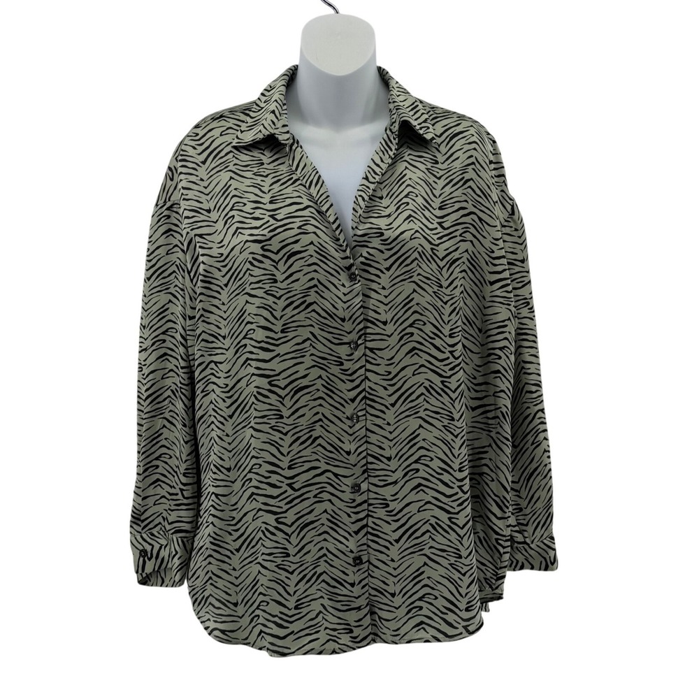 Zara Zebra Print Blouse Womens Small Sage Green Black Button Down Shirt